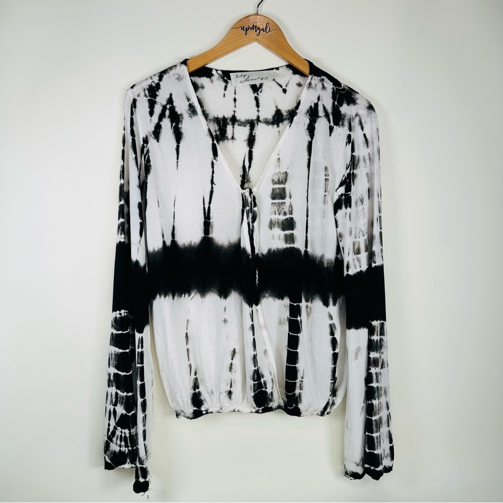 Vintage Havana Tie Dye Bell Sleeve Faux Wrap Boho Top Blouse Black Size Medium